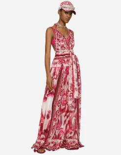 Long sleeveless chiffon dress with Majolica print