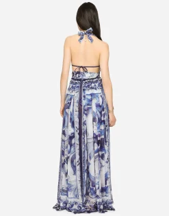 Long sleeveless chiffon dress with majolica print