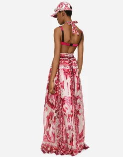 Long sleeveless chiffon dress with Majolica print