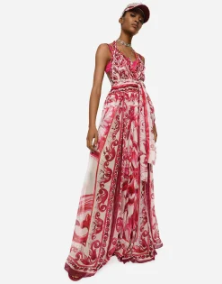 Long sleeveless chiffon dress with Majolica print