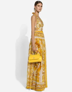 Long sleeveless silk chiffon dress with majolica print