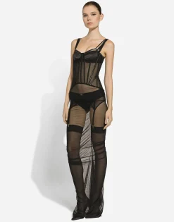 Long tulle dress with corset details