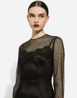 Long tulle dress with fusible rhinestone embellishment