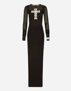Long tulle dress with rhinestone cross embellishment