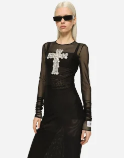 Long tulle dress with rhinestone cross embellishment
