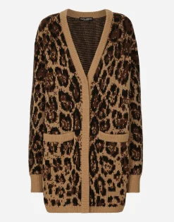 Long wool and cashmere cardigan with jacquard leopard design
