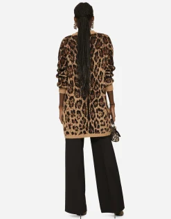 Long wool and cashmere cardigan with jacquard leopard design