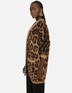 Long wool and cashmere cardigan with jacquard leopard design