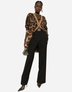Long wool and cashmere cardigan with jacquard leopard design