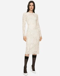 Long-sleeved branded stretch lace dress