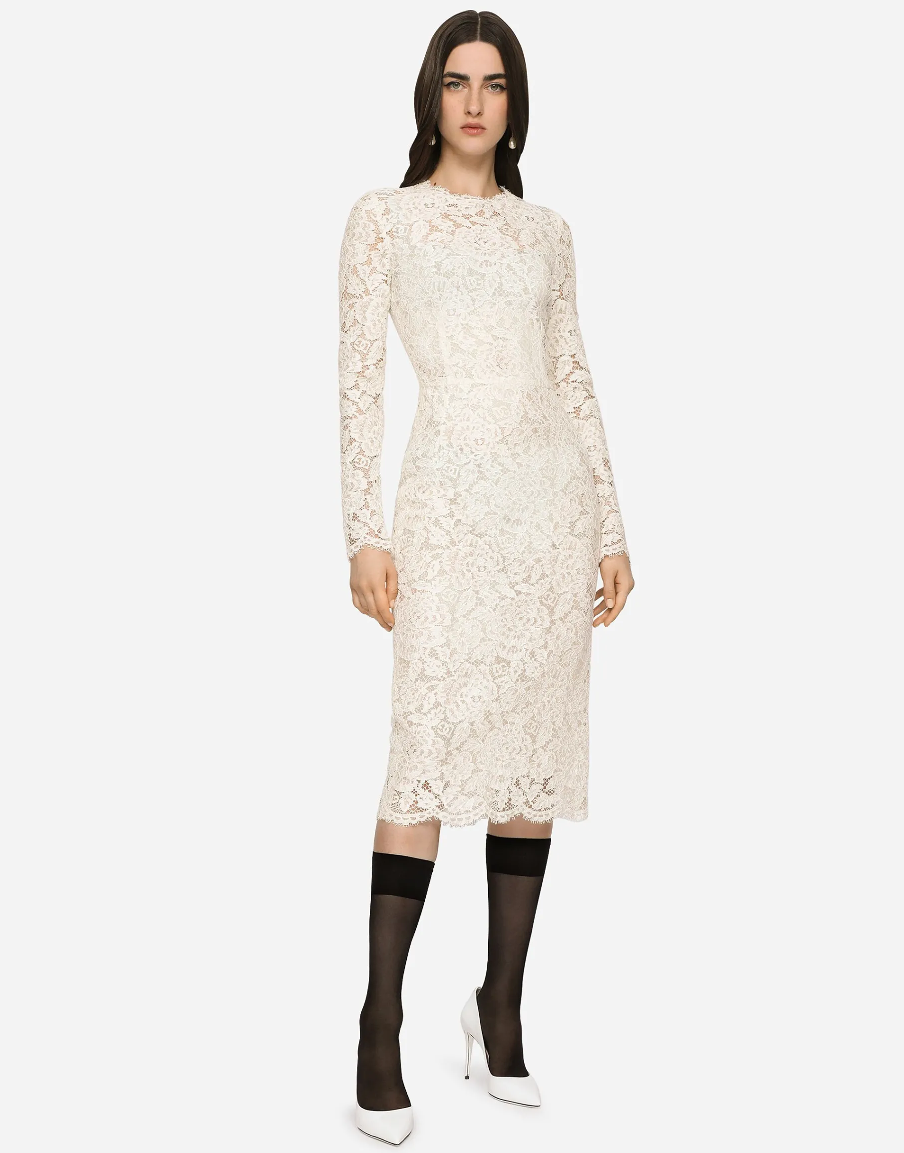 Long-sleeved branded stretch lace dress