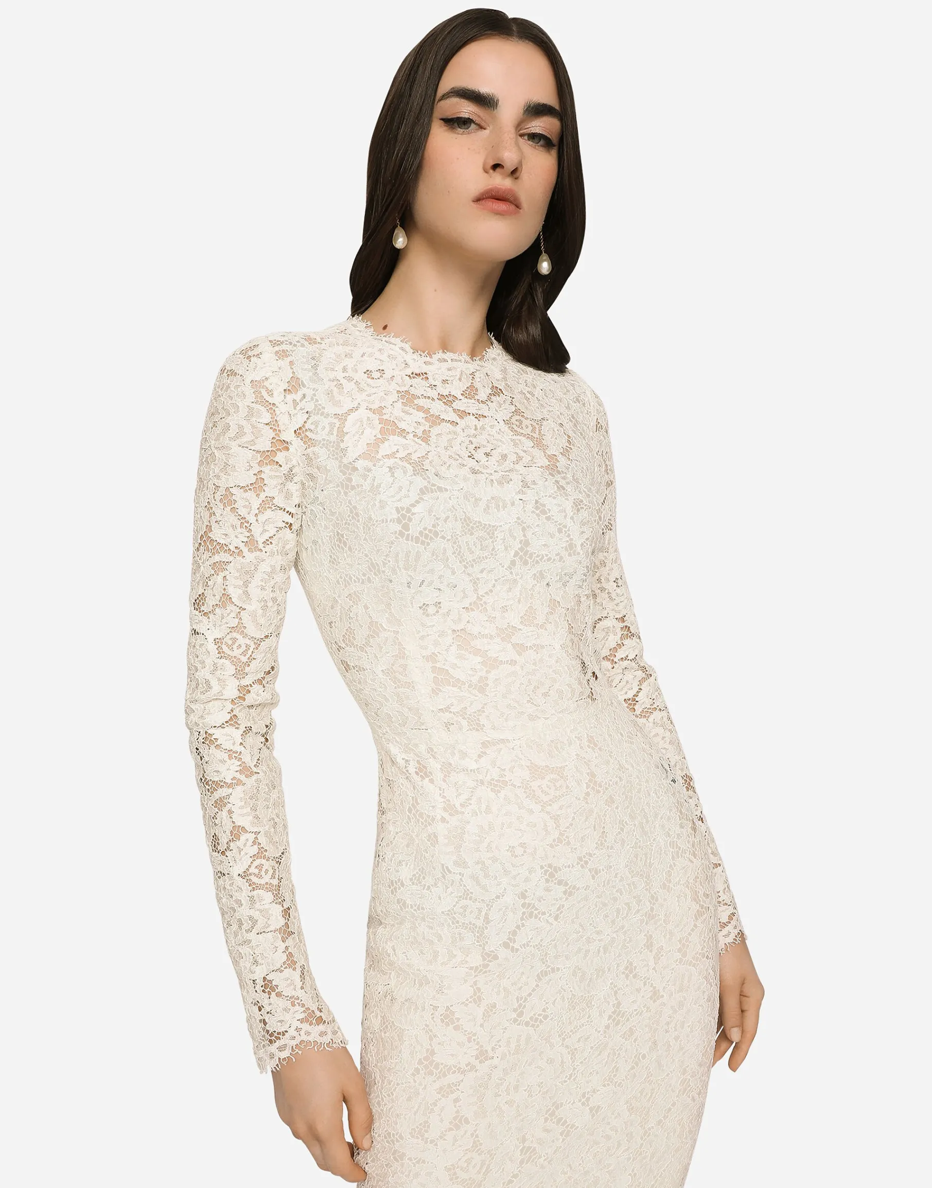 Long-sleeved branded stretch lace dress