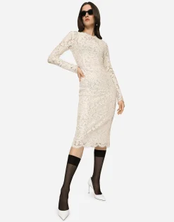 Long-sleeved branded stretch lace dress