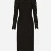 Long-sleeved calf-length dress in branded stretch lace