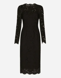 Long-sleeved calf-length dress in branded stretch lace