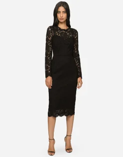 Long-sleeved calf-length dress in branded stretch lace