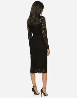 Long-sleeved calf-length dress in branded stretch lace