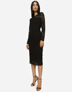 Long-sleeved calf-length dress in branded stretch lace