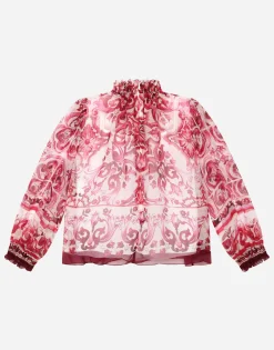 Long-sleeved chiffon shirt with majolica print