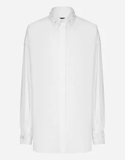 Long-sleeved cotton shirt with embroidered collar