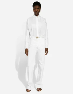 Long-sleeved cotton shirt with embroidered collar