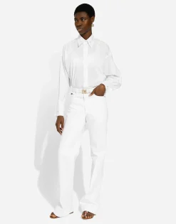 Long-sleeved cotton shirt with embroidered collar