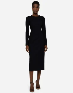 Long-sleeved jersey calf-length dress with DG embellishment