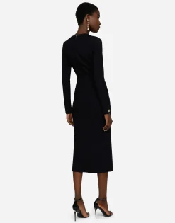 Long-sleeved jersey calf-length dress with DG embellishment