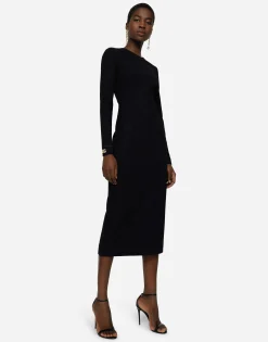 Long-sleeved jersey calf-length dress with DG embellishment