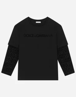 Long-sleeved jersey T-shirt with flocked logo print