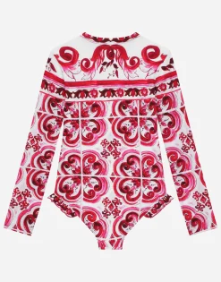Long-sleeved majolica-print one-piece swimsuit