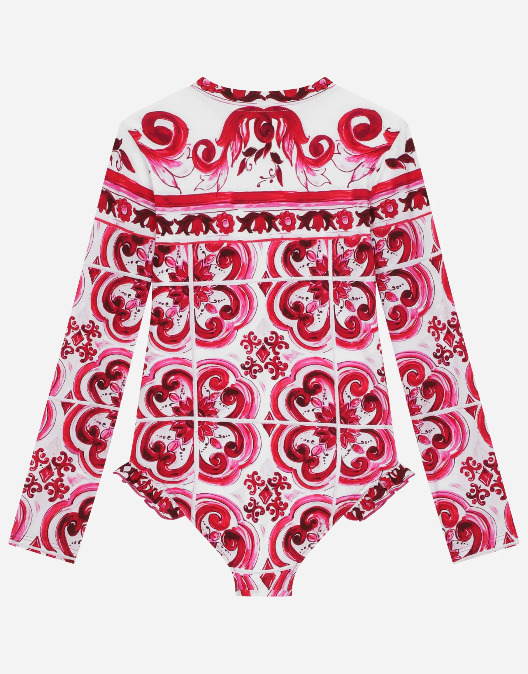 Long-sleeved majolica-print one-piece swimsuit