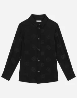 Long-sleeved poplin shirt with jacquard logo