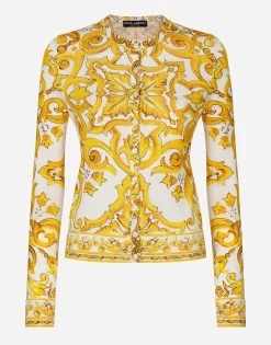 Long-sleeved silk cardigan with majolica print