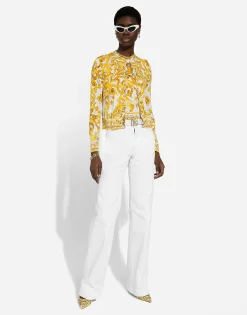 Long-sleeved silk cardigan with majolica print