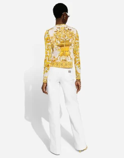 Long-sleeved silk cardigan with majolica print