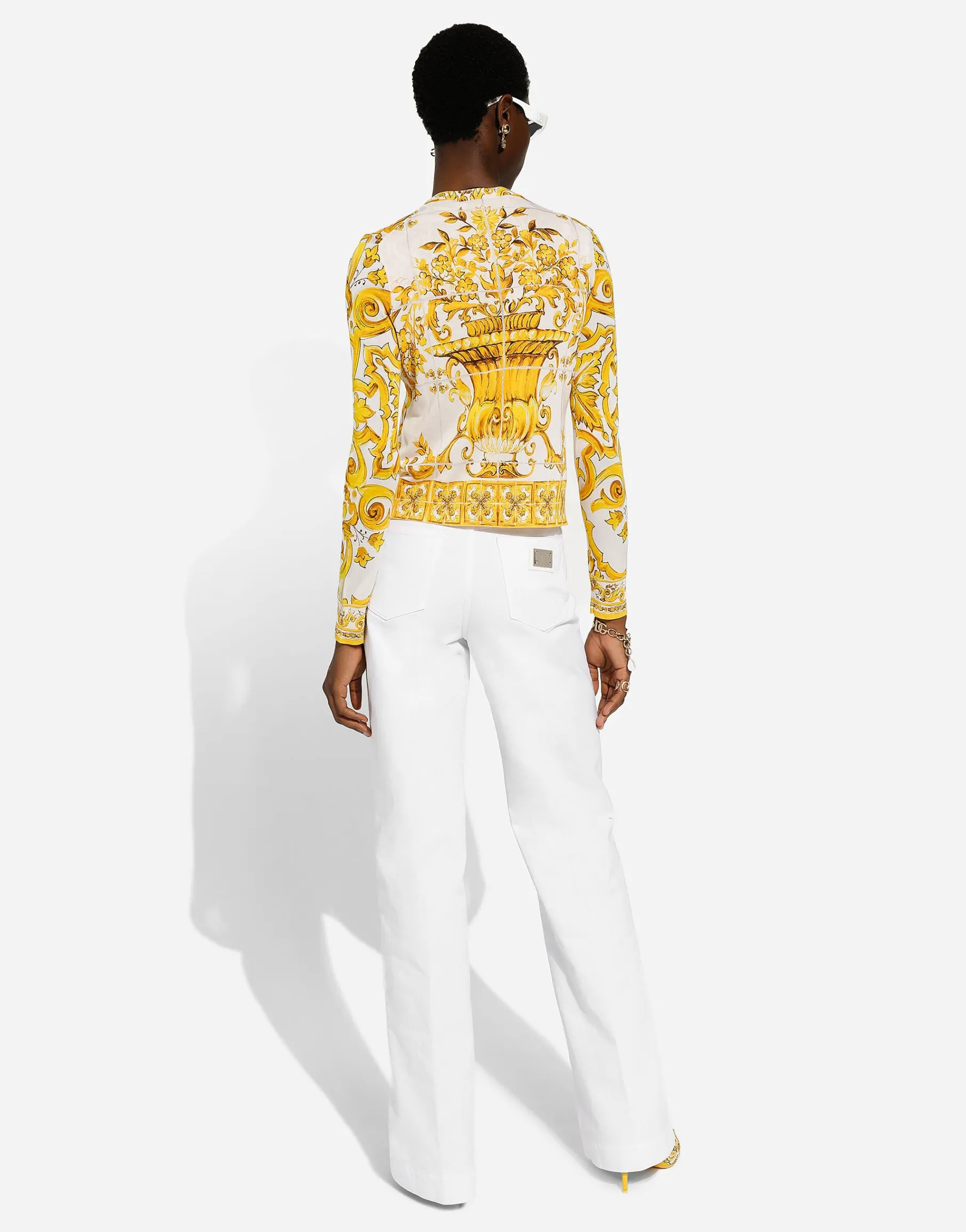 Long-sleeved silk cardigan with majolica print