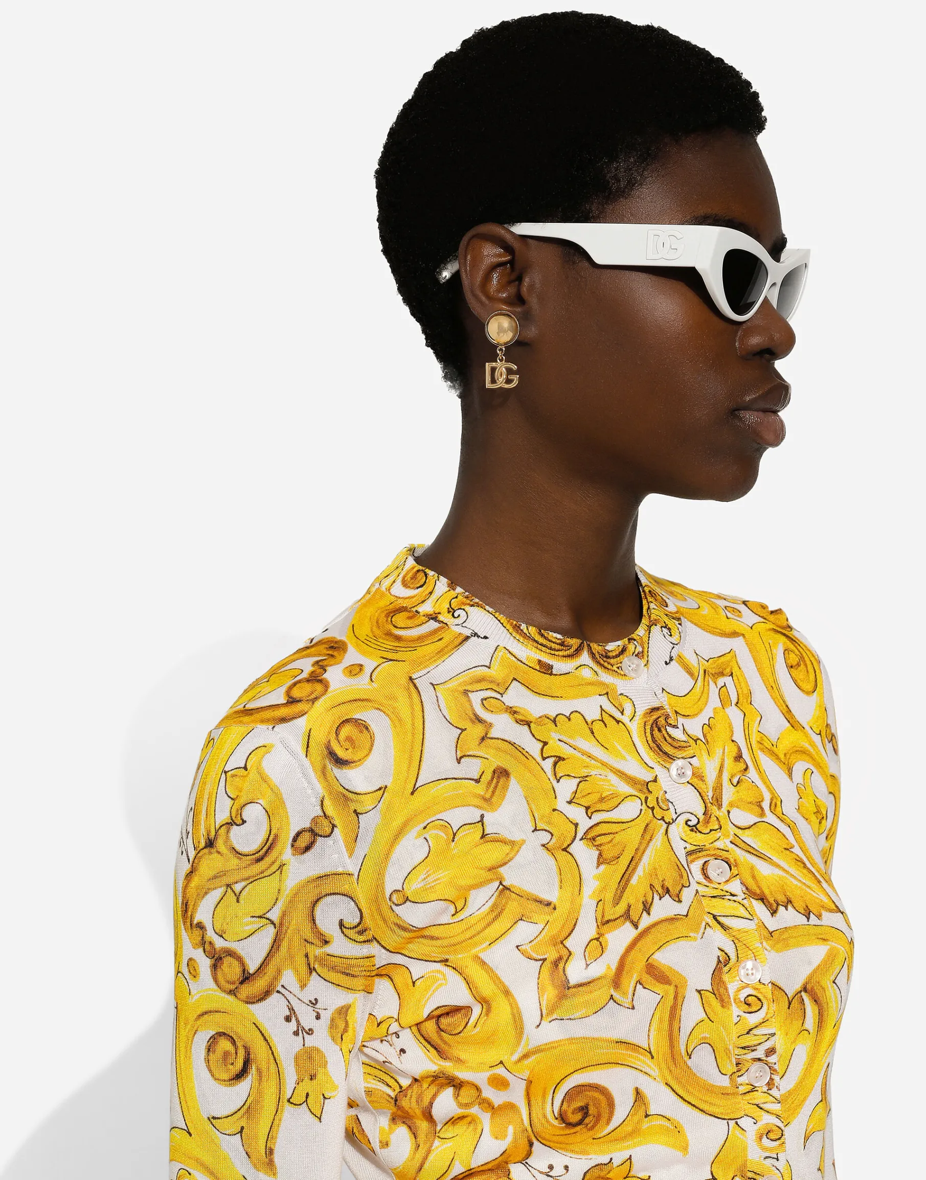 Long-sleeved silk cardigan with majolica print
