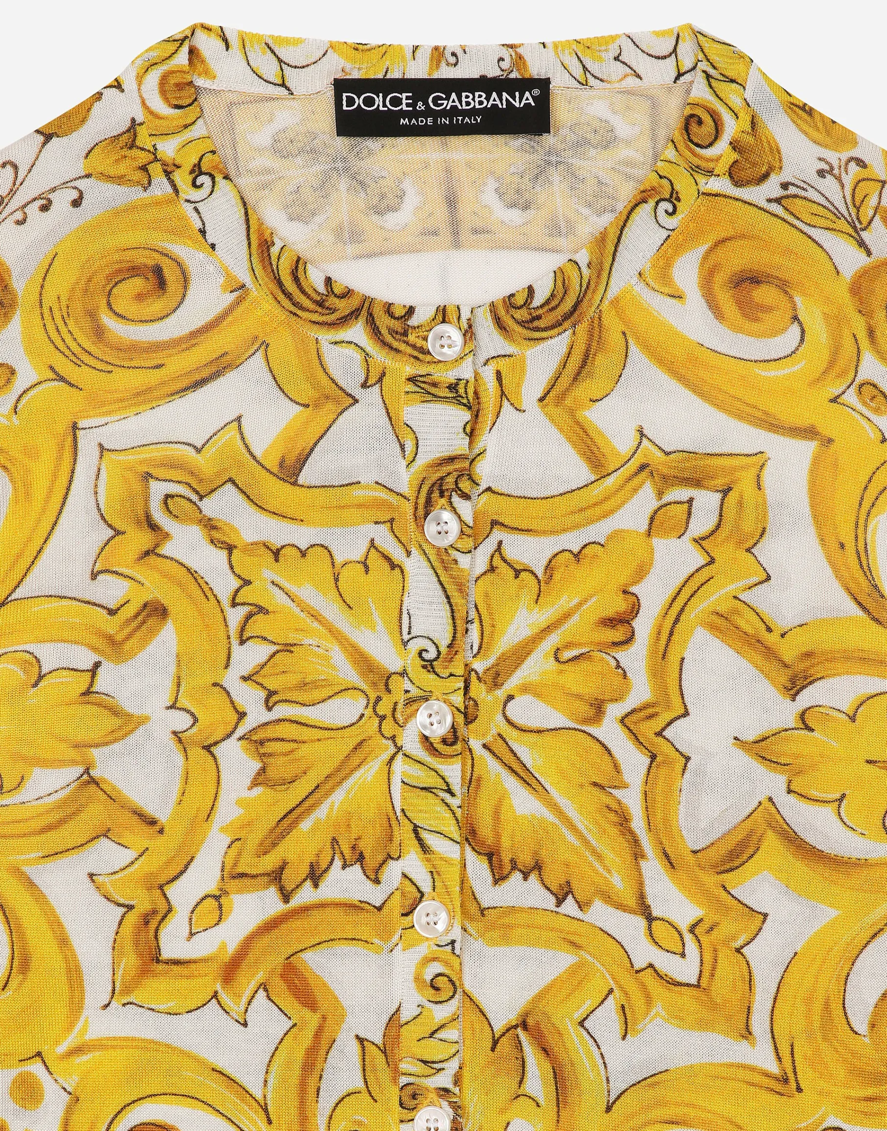 Long-sleeved silk cardigan with majolica print