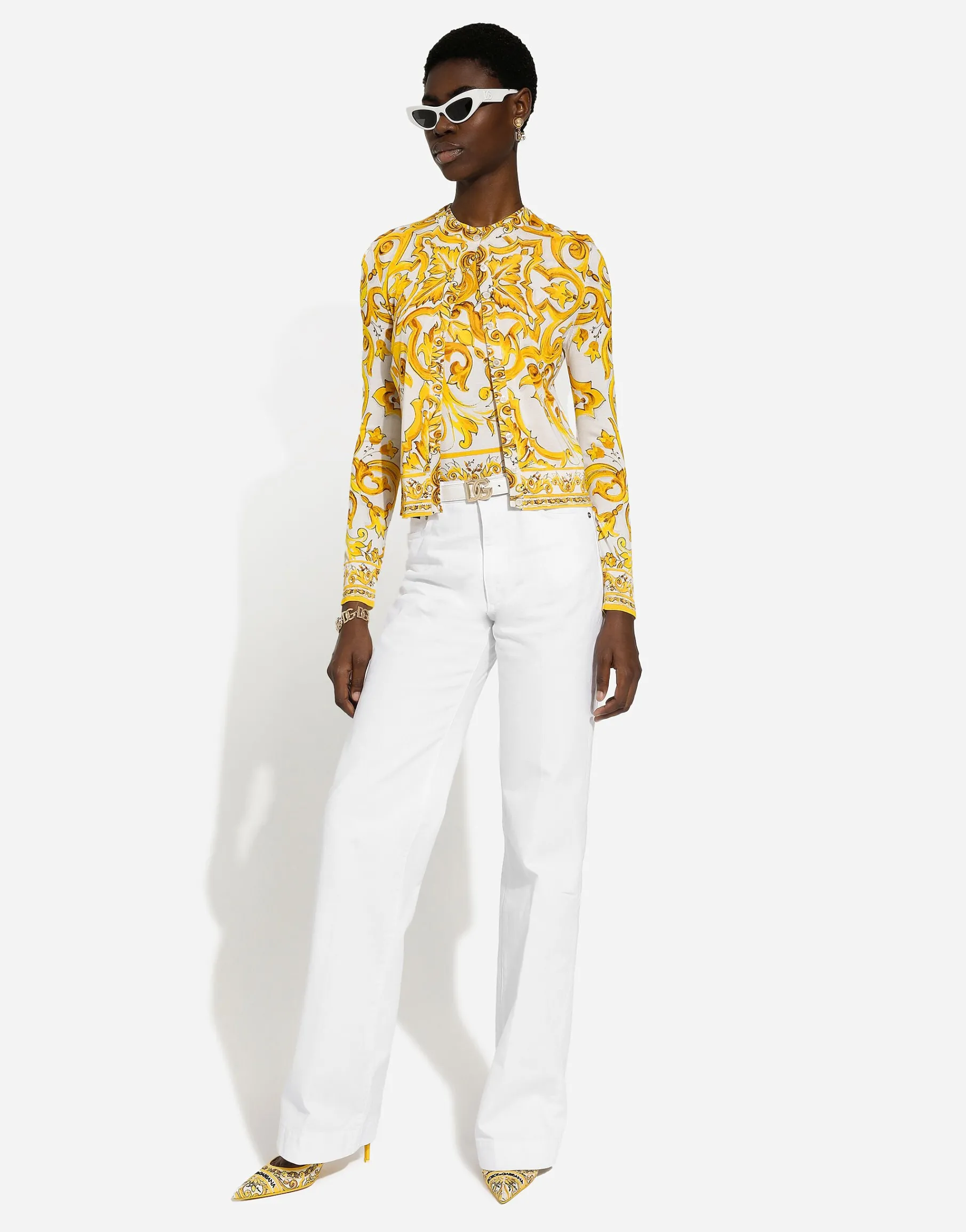 Long-sleeved silk cardigan with majolica print