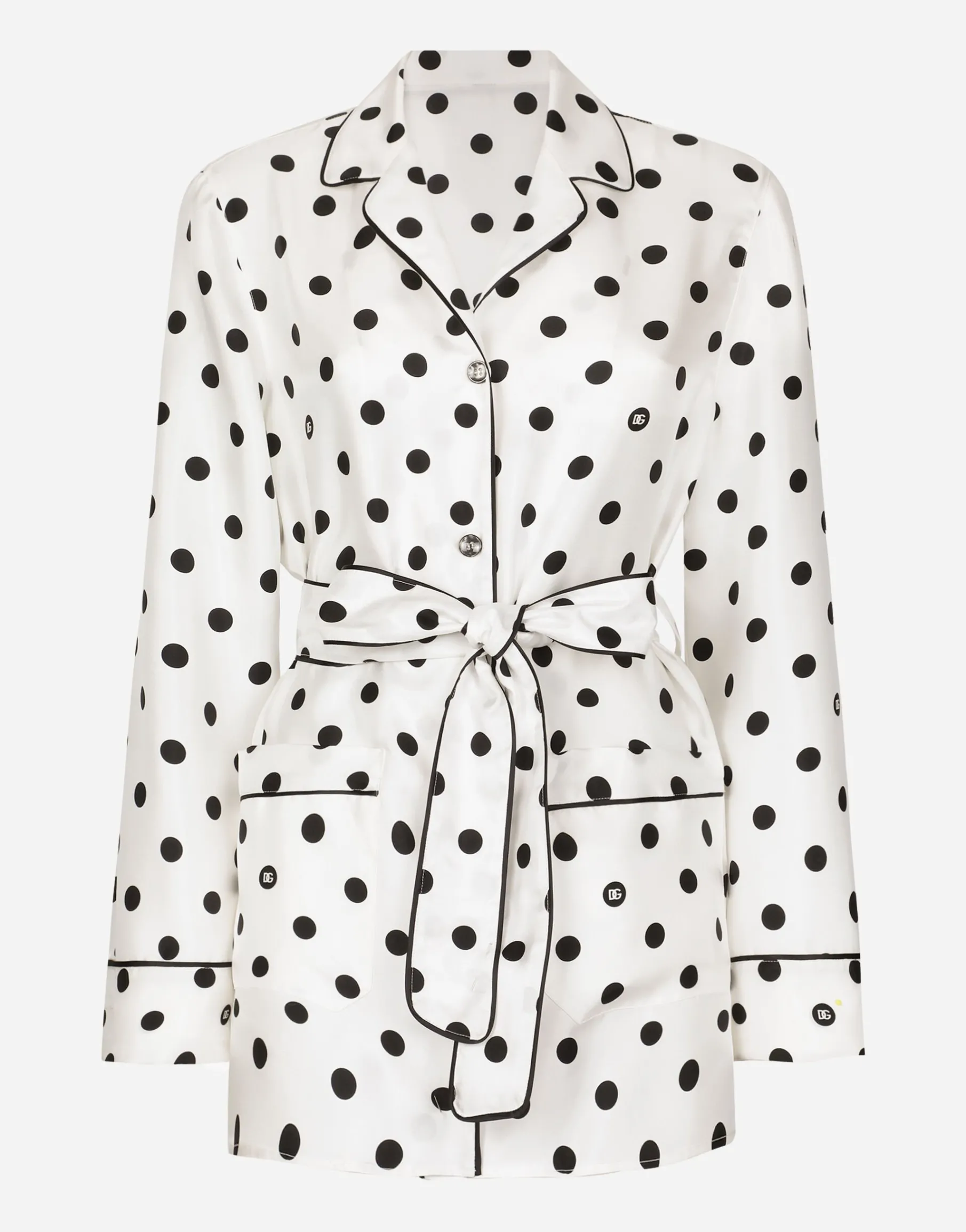 Long-sleeved silk pajama shirt with polka-dot print