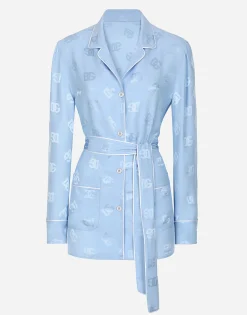 Long-sleeved silk satin jacquard pajama shirt with DG logo