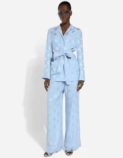 Long-sleeved silk satin jacquard pajama shirt with DG logo