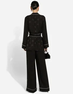 Long-sleeved silk satin jacquard pajama shirt with DG logo