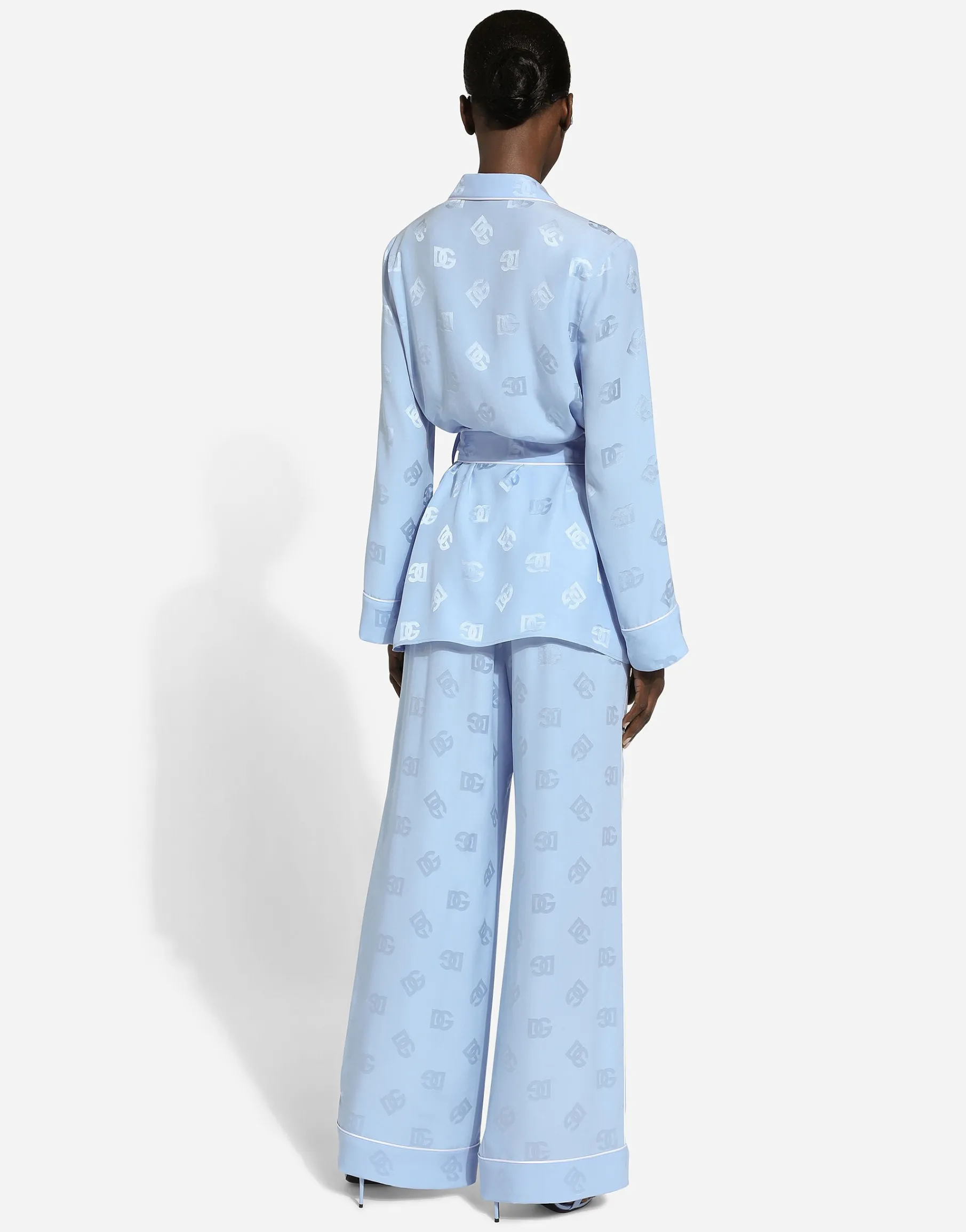 Long-sleeved silk satin jacquard pajama shirt with DG logo