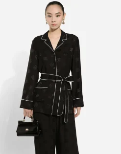 Long-sleeved silk satin jacquard pajama shirt with DG logo