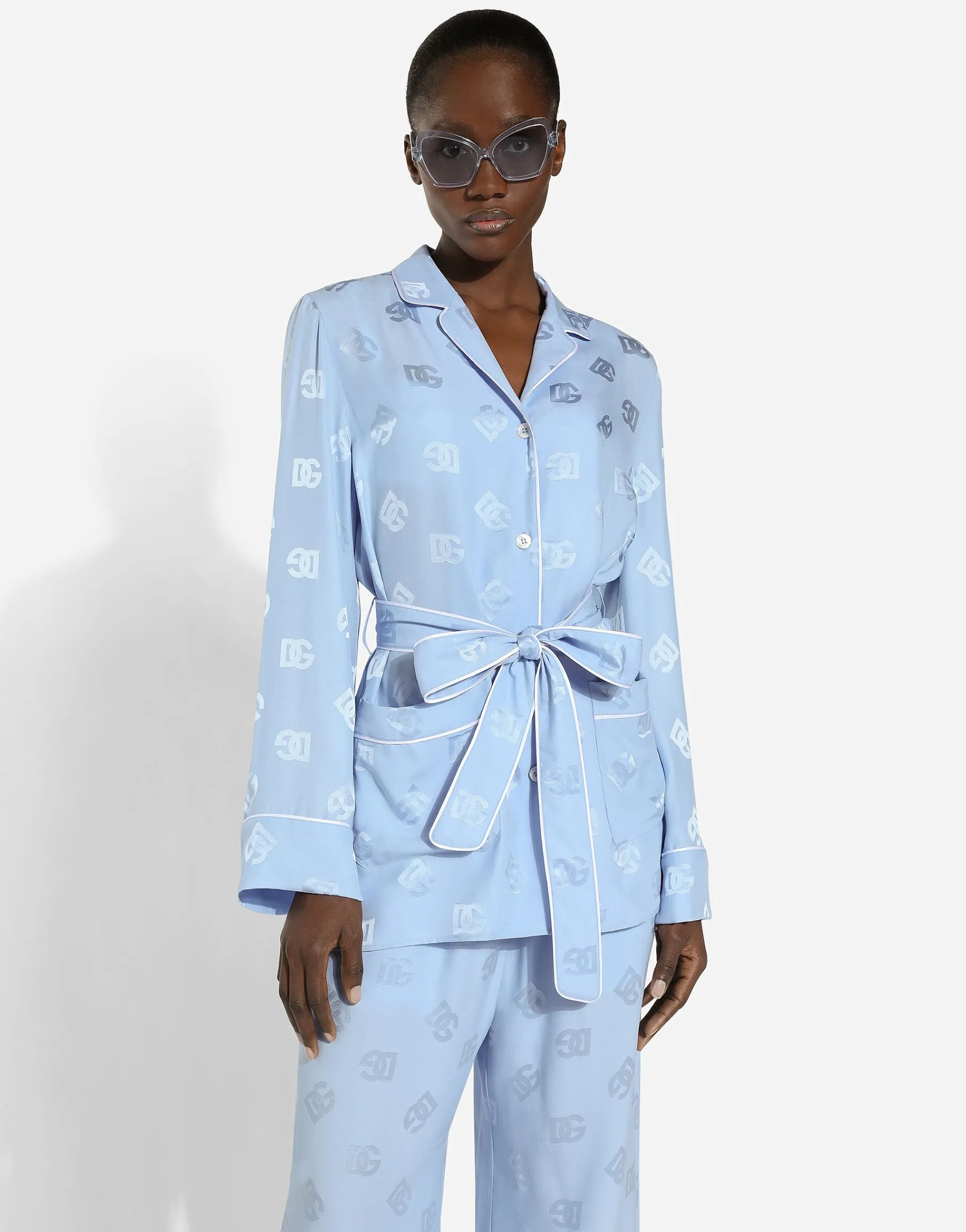 Long-sleeved silk satin jacquard pajama shirt with DG logo