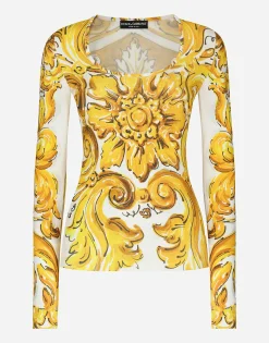 Long-sleeved stretch viscose sweater with majolica print