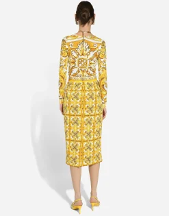 Long-sleeved stretch viscose sweater with majolica print