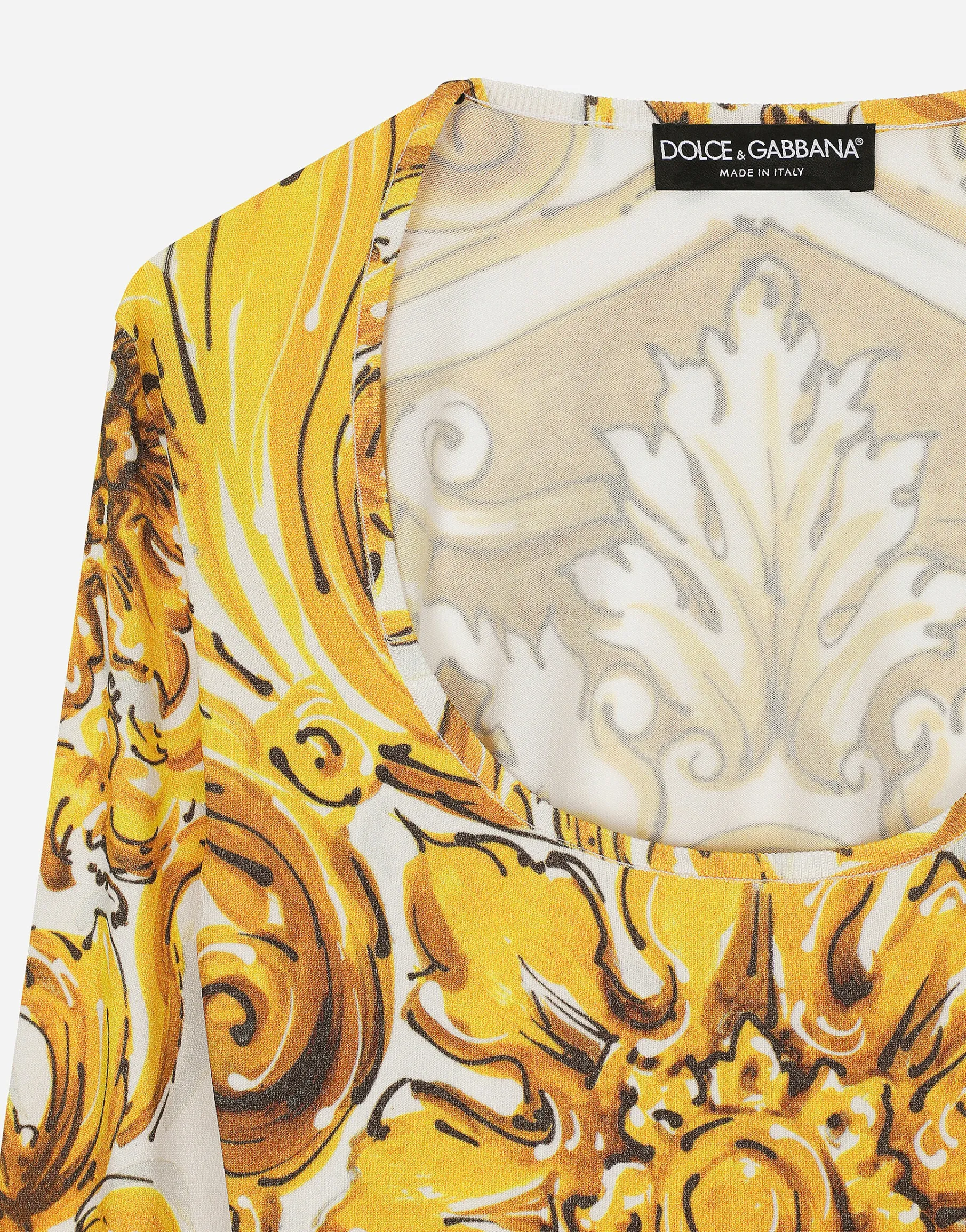 Long-sleeved stretch viscose sweater with majolica print